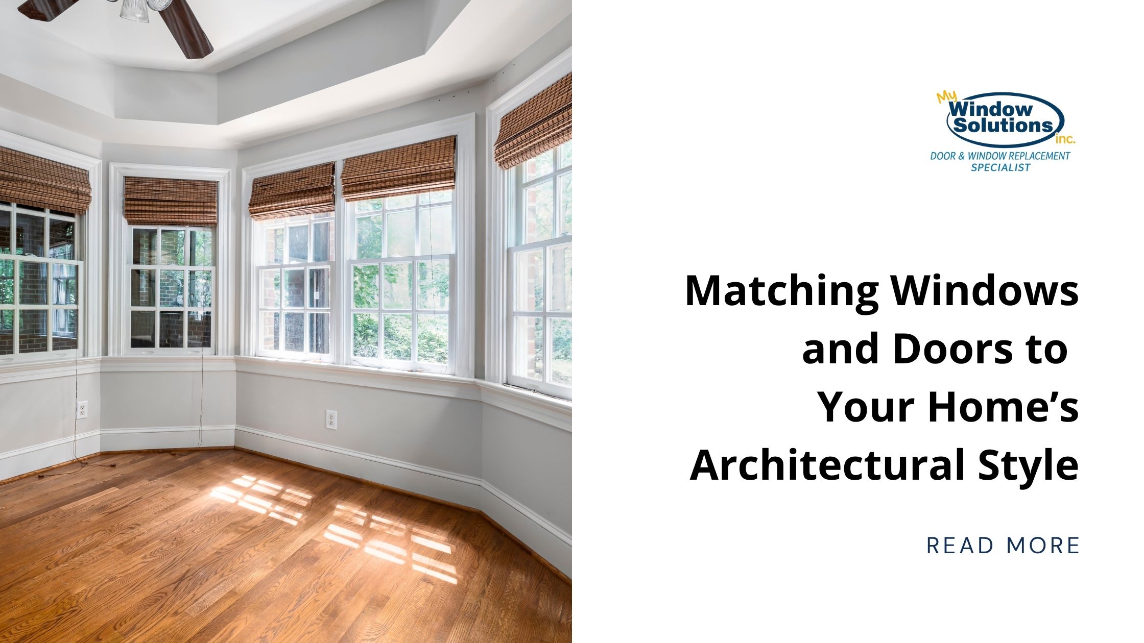 Multiple windows in an empty room with the business logo, blog title, and read more option.